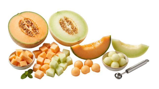 Fresh cantaloupe and honeydew melon assortment, sliced fruit with melon baller and cubes, healthy summer snack collection isolated PNG with Transparent Background
