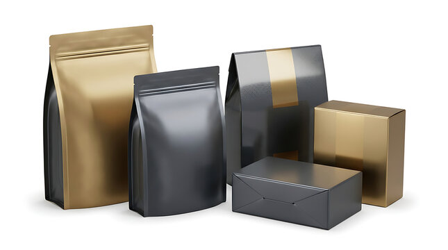 A collection of various coffee packaging bags and boxes on white background.
