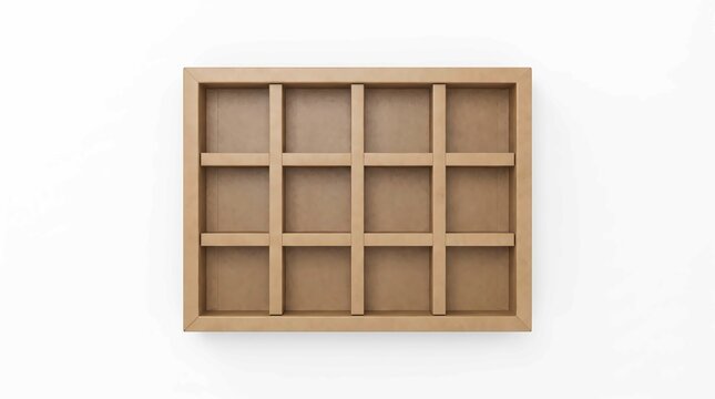Brown cardboard box divided into twelve square compartments for organizing small items on white background