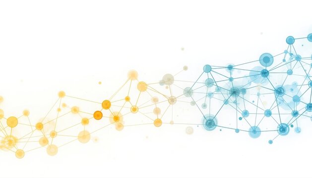 Digital network concept with glowing yellow and blue connecting spheres and lines on white background connection technology abstract structure communication particle molecule innovation