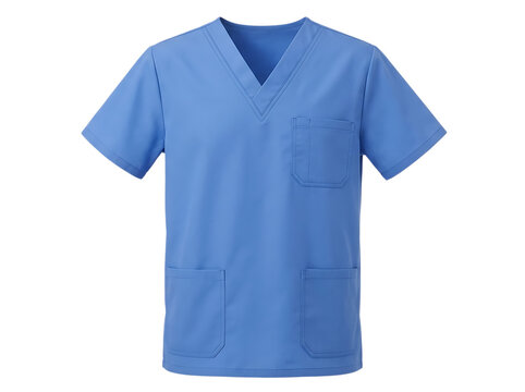 Medical scrubs top in light blue color with v neck and pockets on transparent background png.
