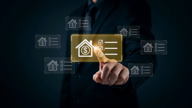 Mortgage Approval and Home Loan Application Process with Digital Property Financing and Banking Concept