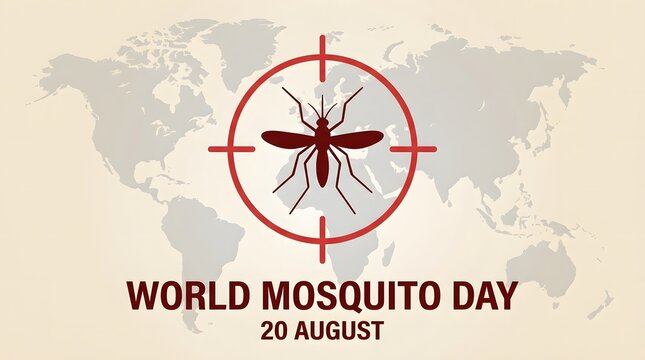 World mosquito day conceptual design featuring a target crosshair over a flying insect silhouette against a global map background illustration