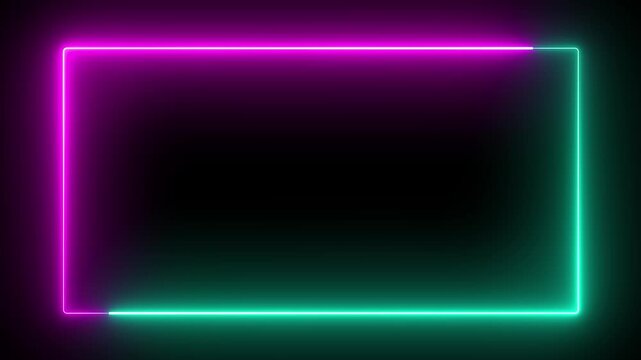 A rectangular frame made of two moving neon lights. A popular abstract background overlay seamless vaporwave animation. Rectangle frame neon color motion graphic
