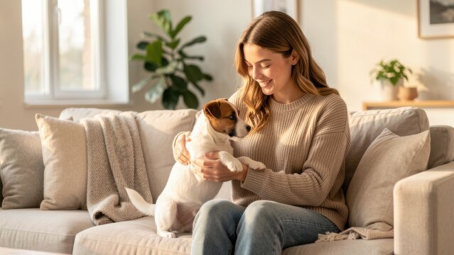 heartwarming portrait of young woman smiling with jrt puppy on light sofa in bright modern living room golden hour natural light editorial use