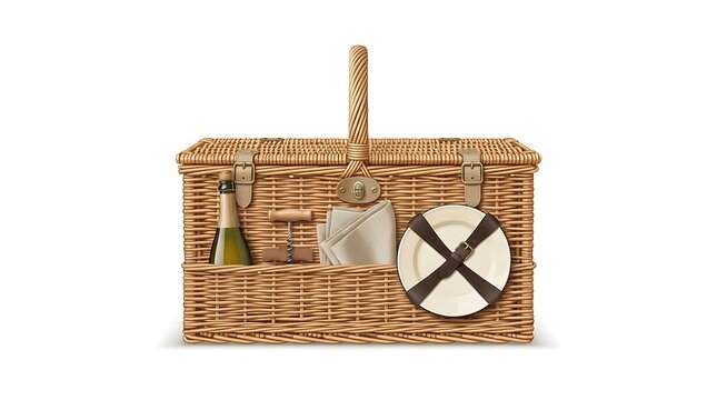 Wicker picnic basket with plates and wine. Traditional woven hamper for outdoor dining.