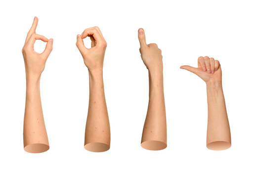 Set of approving hand gestures including OK sign, thumbs up and Touch ID scanning posture.