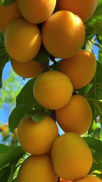 Ripe yellow apricots hanging on tree branches sway gently in this warm summer breeze video footage captured on a bright sunny afternoon with soft natural golden lighting glowing through lush green lea