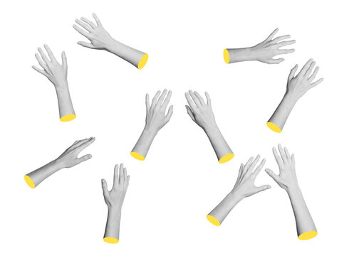 Set of monochrome left and right hands touching, typing, reaching and holding. Diverse grayscale