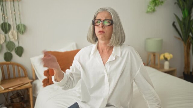 Woman on bed fanning face with hand, wearing glasses and white shirt, gray bob haircut, seated on white duvet in bedroom building; fatigue.