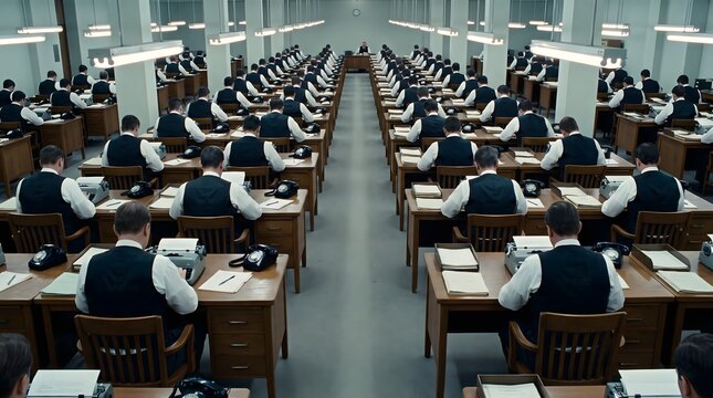 Rows of Office Workers Typing at Wooden Desks in Large Retro Typing Pool Hall