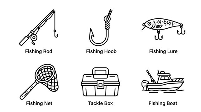 Minimalist Fishing Gear and Equipment Line Art Icon Set