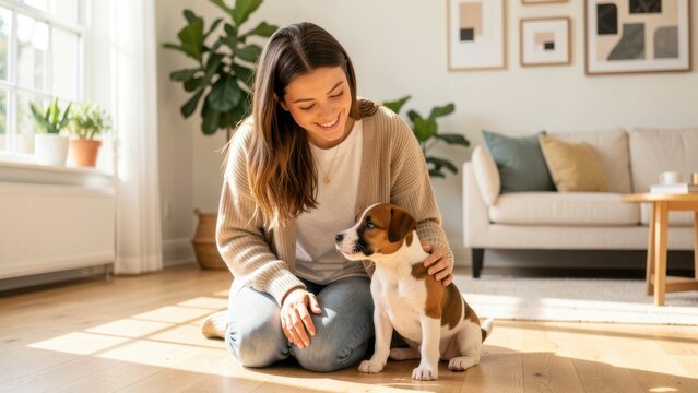 joyful young woman kneeling with cute puppy in bright modern home setting for lifestyle marketing and pet products advertising