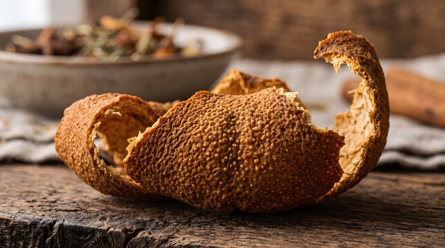 Detailed macro close-up view of a textured dried orange peel surface resting on a rustic wooden table