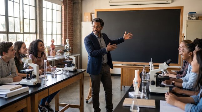 A male teacher gesturing towards a blackboard while students watch him in a classroom.