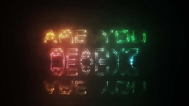 Are You Ready glow colorful neon laser text glitch effect animation cinematic title on black abstract background.