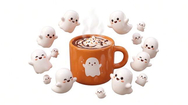 Cute 3D render of a cozy orange ceramic mug with hot chocolate and whipped cream surrounded by friendly little ghosts isolated on white background for Halloween