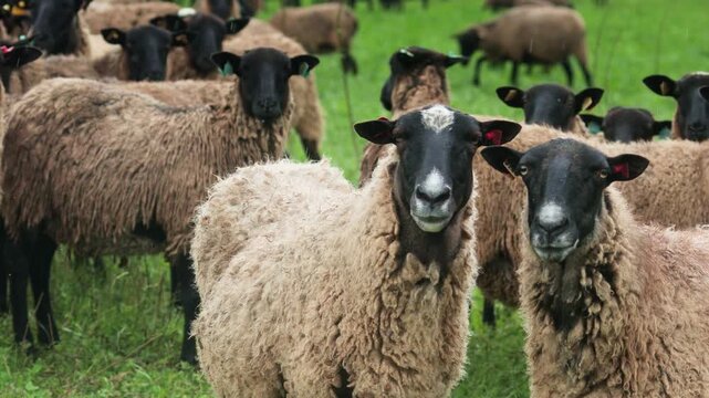Flock of adult sheep and rams grazing on green pasture beside a tree. Free-range domestic livestock in a peaceful rural landscape, representing sustainable farming and natural animal husbandry.