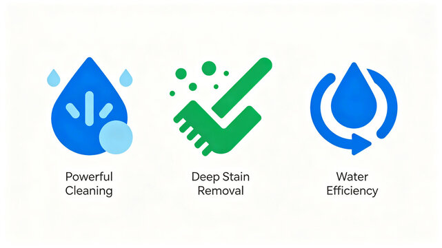 The fresh blue-green cleaning selling point icon group represents strong cleanliness, efficient water conservation, and is suitable for promoting car washing and cleaning tool products.
