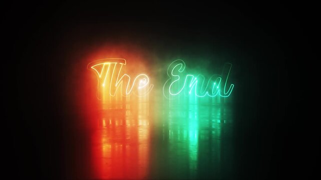 Animation text of The End laser neon glitch text effect cinematic title on black abstract backgroud. 