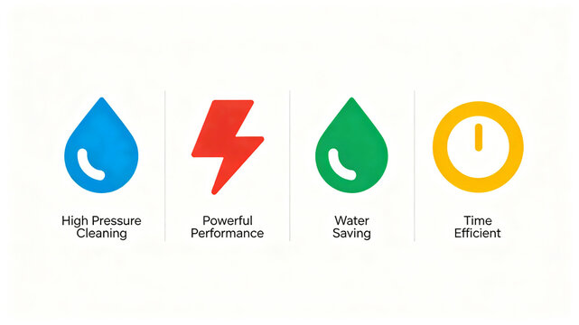 Minimally flat cleaning equipment icon group, representing the concept of high-pressure cleaning, time-saving and water-saving, suitable for home appliance product selling point introduction pages.
