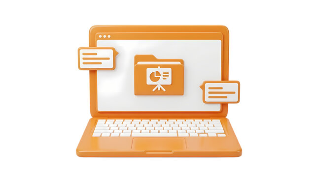 3d render of office laptop with business presentation file isolated on transparent background