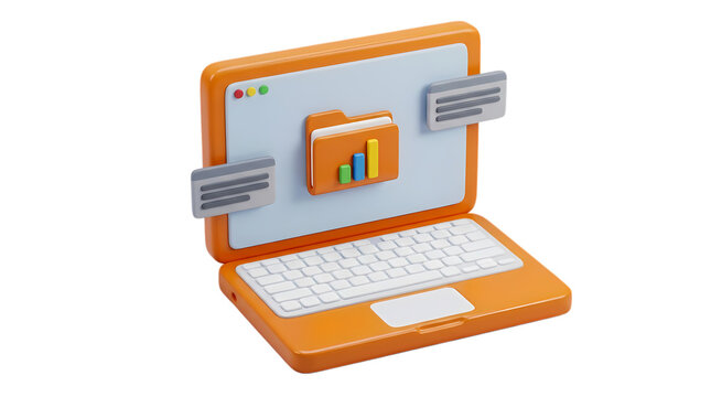 Business laptop with bar chart folder 3d render graphic isolated on transparent background now