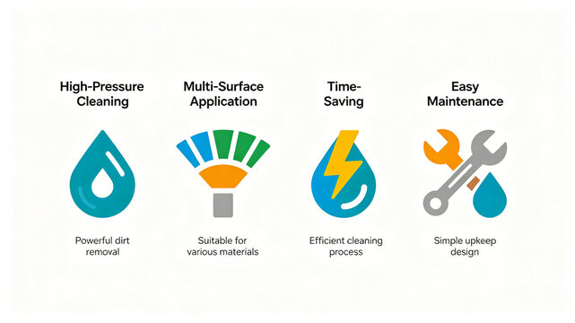 Flat and colorful cleaning selling point icon group, representing the concept of strong cleaning and easy maintenance, suitable for the parameter section of high-pressure cleaning machine products.
