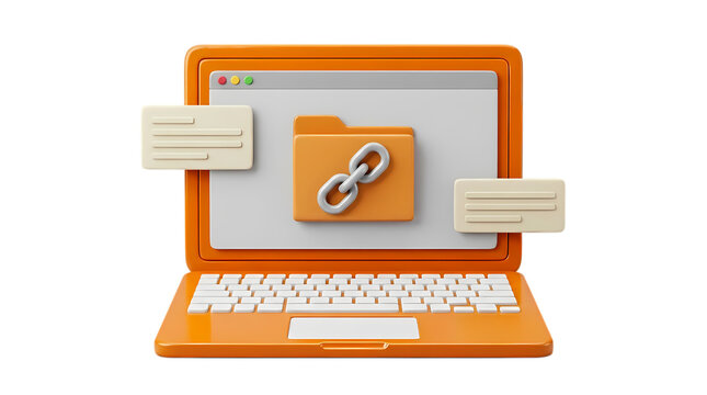 Open folder with link icon on laptop screen 3d illustration isolated on transparent background