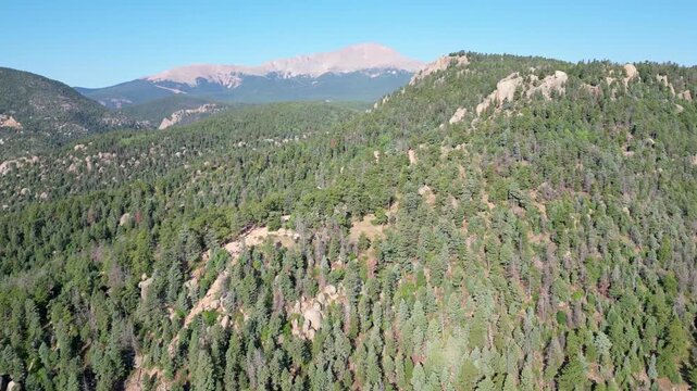 Aerial view of Pikes Peak panning sideways above Manitou Springs