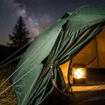 Close-up of glowing tent entrance with lantern, zipper and rainfly detail, starry bokeh