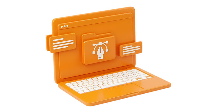 Orange laptop showing creative design pen tool icon on folder isolated on transparent background