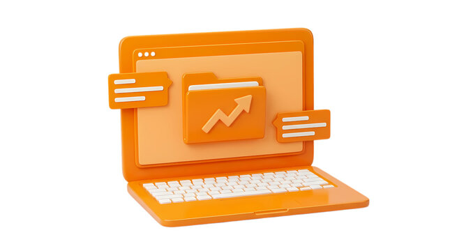 Orange laptop with upward growth arrow icon on file folder isolated on transparent background