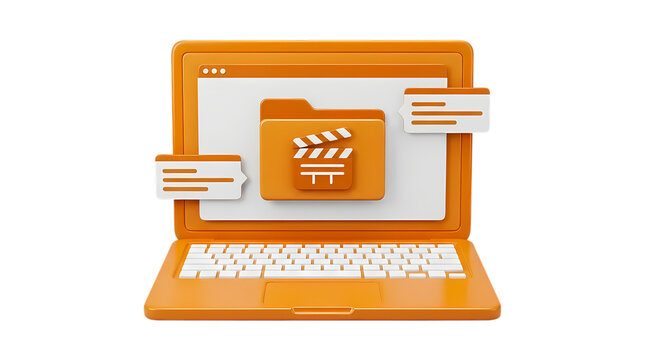 Orange laptop with video folder and message bubbles isolated on transparent background design