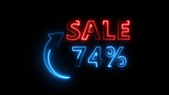 Neon sale sign with seventy four percentage off and glowing blue arrow on black background.