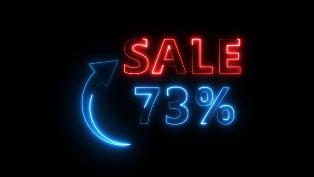 Neon sale sign with seventy three percent discount symbol glowing blue and red light isolated.