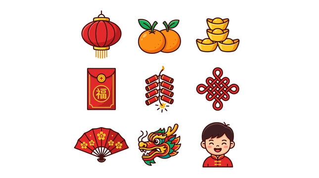 Chinese New Year Icons: Lantern, Oranges, Gold, Envelope, Firecracker, Knot