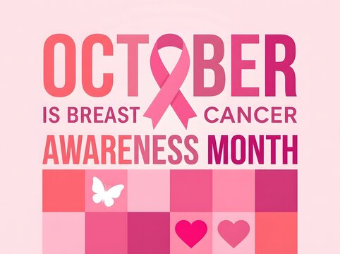 October is breast cancer awareness month poster design featuring a pink ribbon symbol and decorative hearts on a light background