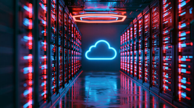Neon illuminated server room with central cloud icon. Concept for modern data storage, internet technology and cloud.