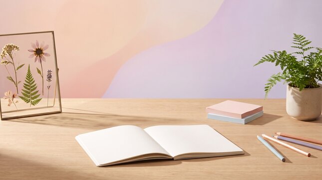 Minimalist Creative Workspace with Blank Open Sketchbook and Art Supplies on Wooden Desk