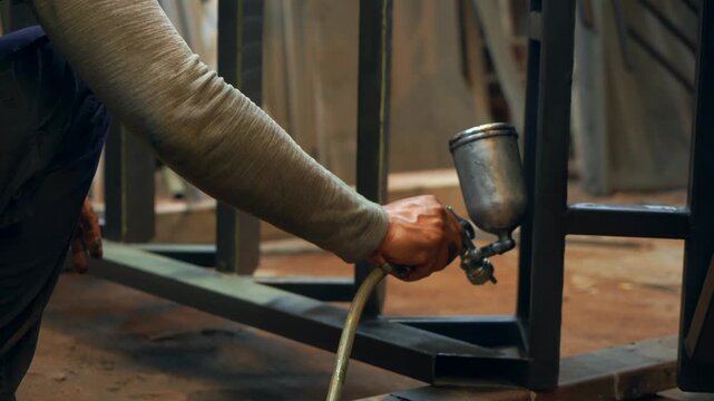 Spray Painting Iron Stairs in Workshop
 An industrial worker cleans and spray paints a steel iron stair structure inside a welding workshop, demonstrating metal fabrication, protective coating