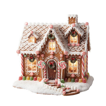 Snowy christmas gingerbread house with lights isolated on transparent background