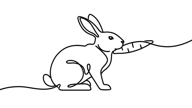 Minimalist rabbit eating carrot white background.