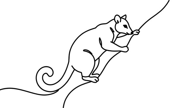 Opossum hanging by tail on branch white background.