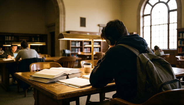 Student studying in a library with books and natural light streaming through large windows