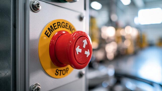 Industrial emergency stop button on factory machinery. Safety equipment for accident prevention in an industrial.