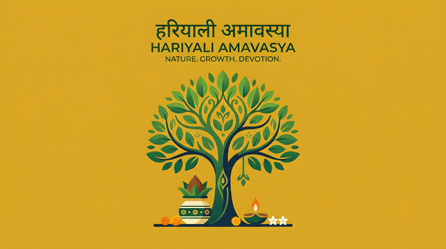 Hariyali Amavasya Vector Illustration with Couple Worshipping Sacred Tree, Planting Sapling, Diya, Crescent Moon, and Nature Rituals