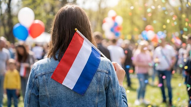 Person holding a Dutch flag celebrating at an outdoor festival with colorful balloons and confetti in the background during a sunny spring day
