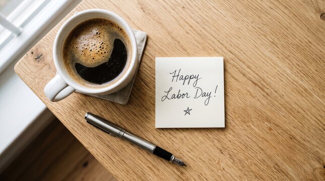A cup of black coffee and a handwritten note saying happy labour day on a wooden desk surface