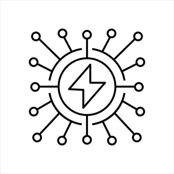 Outline icon of an electric power symbol surrounded by connected network nodes. Suitable for smart grid, energy distribution, IoT, renewable power, digital infrastructure, and connected technology con